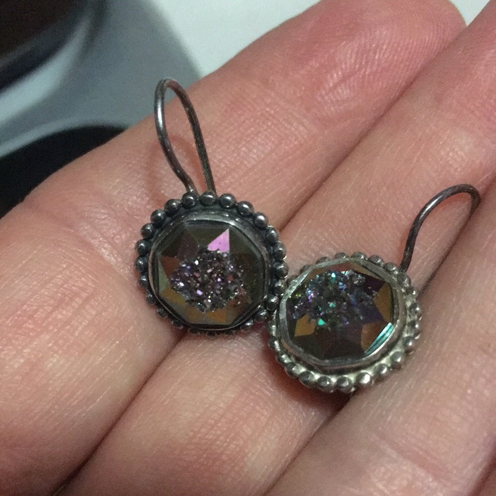 Vintage IND marked 925 Silver natural Druzy Color change wire pierced earrings